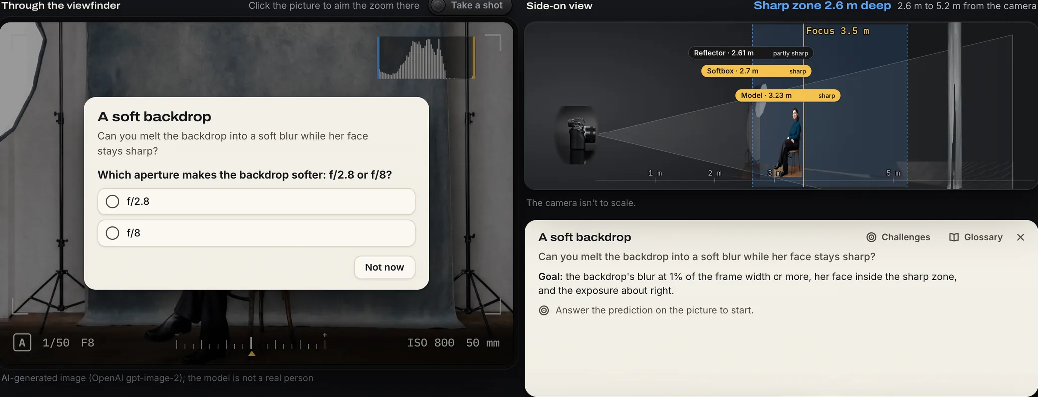 A challenge starting: A soft backdrop asks, on the viewfinder, which aperture makes the backdrop softer, f/2.8 or f/8, and the challenge panel under the side-on view waits for the answer.
